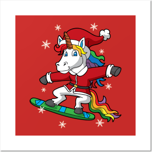 Christmas Unicorn Santa Snowboarding Posters and Art